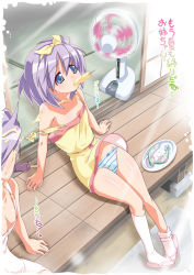Rule 34 | 00s, 2girls, blue eyes, bow, bow panties, breasts, cleavage, collarbone, electric fan, food, gyonikun, hair bow, hiiragi kagami, hiiragi tsukasa, kneehighs, lucky star, multiple girls, panties, popsicle, purple hair, ribbon, sandals, sexually suggestive, short hair, siblings, sisters, sitting, small breasts, socks, strap slip, striped clothes, striped panties, tareme, translation request, underwear, white socks