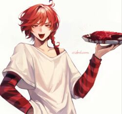 Rule 34 | 1boy, blood, braid, censored, collarbone, drek2xme, fake censor, fang, food, hand in pocket, hashtag-only commentary, holding, holding plate, looking at viewer, maeno aki, male focus, meat, off-shoulder shirt, off shoulder, open mouth, plate, red eyes, red hair, red sleeves, shirt, short hair, simple background, single braid, skin fang, smile, solo, striped sleeves, twitter username, watermark, white background, white shirt, wide sleeves, zeno (game)