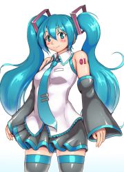Rule 34 | 1girl, bare shoulders, blue eyes, blue hair, blush, breasts, detached sleeves, hatsune miku, highres, long hair, matching hair/eyes, miniskirt, necktie, orizen, skirt, small breasts, smile, solo, thighhighs, tie clip, twintails, vest, vocaloid, zettai ryouiki
