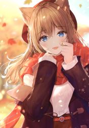 Rule 34 | 1girl, absurdres, animal ear fluff, animal ears, autumn, autumn leaves, belt, beret, blonde hair, blue eyes, blurry, blurry background, blush, braid, cat ears, cat girl, coat, day, falling leaves, hands up, hat, highres, leaf, light particles, long hair, long sleeves, looking at viewer, maple leaf, necomi, off shoulder, open clothes, open coat, open mouth, original, outdoors, scarf, sleeves past wrists, smile, solo, sweater, upper body