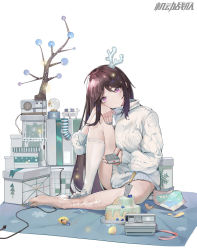 Rule 34 | 1girl, barefoot, black hair, blue nails, box, cake, camera, chips (food), controller, food, gift, gift box, highres, iron saga, knee to chest, kneehighs, long hair, looking at viewer, nail polish, potato chips, purple eyes, remote control, sitting, socks, solo, sweat, t lege d, very long hair, white socks