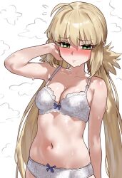 1girl artoria_caster_(fate) artoria_pendragon_(fate) blonde_hair blush bra breasts ebora fate/grand_order fate_(series) green_eyes highres long_hair low_twintails medium_breasts navel panties solo steaming_body sweat twintails underwear underwear_only white_background white_bra white_panties