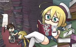 Rule 34 | 10s, 3girls, :o, ahoge, asymmetrical clothes, beret, blonde hair, book, book stack, brown hair, coffee cup, commentary request, crossed legs, cup, dated, disposable cup, from behind, glasses, green eyes, hair between eyes, hair ribbon, hamu koutarou, hat, highres, i-8 (kancolle), kantai collection, low twintails, multiple girls, pelvic curtain, red-framed eyewear, remodel (kantai collection), ribbon, satsuki (kancolle), semi-rimless eyewear, sitting, sitting on books, thighhighs, tone (kancolle), twintails, under-rim eyewear, white legwear