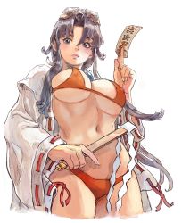 Rule 34 | 1girl, absurdres, bikini, black hair, blue eyes, breasts, cleavage, highres, japanese clothes, large breasts, legs, lipstick, long hair, looking at viewer, makeup, miko, navel, open clothes, pink lips, red bikini, sengoku ace, smile, solo, swimsuit, thighs, togashi koyori, underboob