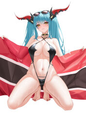 Rule 34 | 1girl, absurdres, azur lane, black one-piece swimsuit, black slingshot swimsuit, blue hair, breasts, choker, criss-cross halter, dragon girl, eyewear on head, flag, full body, halterneck, highres, holding, holding flag, horns, large breasts, long hair, looking at viewer, mechanical horns, nanqizizhou, official alternate costume, one-piece swimsuit, regensburg (azur lane), regensburg (dark dragon brilliant beach) (azur lane), semi-circular eyewear, simple background, slingshot swimsuit, slit pupils, solo, spiked choker, spikes, stomach, swimsuit, twintails, wet, white background, yellow eyes