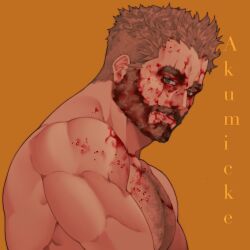 Rule 34 | 1boy, akumicke, bara, beard, blood, blood on chest, blood on face, brown background, brown theme, chest hair, expressionless, facial hair, from side, highres, large pectorals, light brown hair, looking at viewer, looking to the side, male focus, mature male, muscular, muscular male, nude, original, pectorals, scar, scar across eye, short hair, solo, thick mustache, upper body