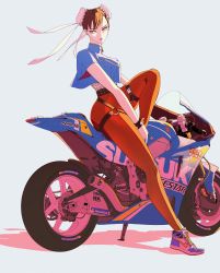 Rule 34 | 1girl, absurdres, adapted costume, belt, bracelet, breasts, brown eyes, brown hair, brown pantyhose, bun cover, capcom, chun-li, commentary, crop top, crop top overhang, double bun, english commentary, fishnet top, fishnets, hair bun, highres, jewelry, large breasts, leaning against motorcycle, long legs, motor vehicle, motorcycle, nike (company), o-ring, on motorcycle, pantyhose, product placement, seamed legwear, shoes, sneakers, solo, spiked bracelet, spikes, street fighter, street fighter ii (series), studded belt, suzuki, thigh strap, vinne