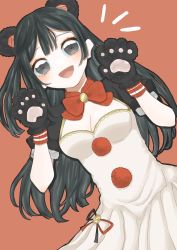 Rule 34 | 1girl, absurdres, animal ears, animal hands, artist name, artist request, black hair, blue hair, blush, bow, bowtie, breasts, cleavage, dark blue hair, dress, exciting animal (love live!), female focus, gloves, grey eyes, highres, long hair, looking at viewer, love live!, love live! nijigasaki high school idol club, love live! school idol festival, love live! school idol festival all stars, miniskirt, panda ears, parted lips, paw gloves, plaid, plaid dress, plaid skirt, pleated, pleated dress, pleated skirt, pom pom (clothes), ponytail, puffy short sleeves, puffy sleeves, red background, red bow, short sleeves, side ponytail, skirt, small breasts, smile, solo, white dress, white skirt, yuuki setsuna (love live!)
