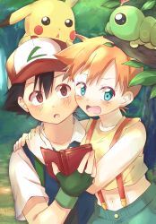 Rule 34 | 1boy, 1girl, ash ketchum, asymmetrical hair, blush, breasts, caterpie, cowboy shot, creatures (company), denim, denim shorts, game freak, gen 1 pokemon, green eyes, gym leader, hair tie, hat, highres, holding, legs, looking at another, medium breasts, misty (pokemon), nintendo, orange hair, pikachu, pokemon, pokemon (anime), pokemon (classic anime), ponytail, shiny skin, shirt, short hair, short shorts, shorts, side ponytail, suspenders, sweat, sweatdrop, yellow shirt