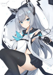 Rule 34 | 1girl, animal ears, azur lane, black gloves, black skirt, black thighhighs, blue eyes, blue neckerchief, breasts, dated, expressionless, gloves, grey hair, hand up, kawakaze (azur lane), leg up, long hair, neckerchief, pleated skirt, shirt, sidelocks, signature, skirt, small breasts, solo, thighhighs, unel, very long hair, white shirt, wide sleeves, wind
