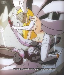 Rule 34 | 2girls, angewomon, animated, animated gif, anklet, arrow (projectile), assertive female, blonde hair, blush, bruise, cleft of venus, defeat, digimon, digimon (creature), diives, dirty, english text, injury, jewelry, ladydevimon, leg lift, mask, multiple girls, nipples, one breast out, pale skin, pinned, profanity, pussy, scar, shoes, silver hair, single leg pantyhose, subtitled, torn clothes, tribadism, uncensored, wings, yuri