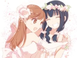 Rule 34 | 10s, 2girls, bad id, bad pixiv id, black hair, braid, brown eyes, brown hair, dress, elbow gloves, closed eyes, flower, gloves, grin, hair flower, hair ornament, holding hands, head wreath, kantai collection, kitakami (kancolle), long hair, multiple girls, nunucco, ooi (kancolle), open mouth, personification, smile, wedding dress