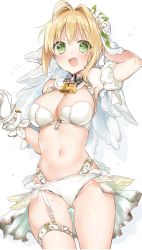 Rule 34 | 1girl, absurdres, adapted costume, alternate costume, bikini, breasts, chain, cleavage, fate/grand order, fate (series), green eyes, hair between eyes, hair intakes, head wreath, highres, large breasts, lock, navel, nero claudius (bride) (fate), nero claudius (bride) (second ascension) (fate), nero claudius (fate), nero claudius (fate) (all), open mouth, padlock, sino (sionori), solo, swimsuit, thigh strap, white background, white bikini