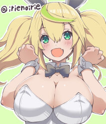 Rule 34 | 1girl, :d, animal ears, aqua eyes, black bow, black bowtie, blonde hair, blush, bow, bowtie, breasts, cleavage, detached collar, fake animal ears, fang, gene (pso2), green background, green hair, huge breasts, irie keisuke (handn), leotard, long hair, looking at viewer, multicolored hair, open mouth, phantasy star, phantasy star online 2, playboy bunny, rabbit ears, shiny skin, simple background, skin fang, smile, solo, streaked hair, twintails, twitter username, upper body, white leotard, white wrist cuffs, wing collar, wrist cuffs