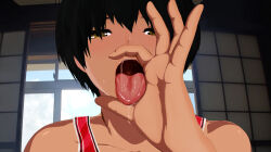 Rule 34 | 1boy, architecture, black hair, blush, brown eyes, c3 piyo, collarbone, commentary request, dark-skinned male, dark skin, drooling, east asian architecture, fellatio gesture, half-closed eyes, hand up, highres, ikezawa kazuma, implied fellatio, indoors, looking at viewer, male focus, open mouth, portrait, red tank top, saliva, saliva trail, short hair, shouji, sliding doors, solo, summer wars, tank top, tongue, tongue out, variant set, window, yaoi