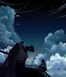 Rule 34 | 2boys, artist request, cloud, crossed arms, edward newgate, facial hair, hat, jolly roger, male focus, multiple boys, mustache, night, night sky, one piece, outdoors, pirate, portgas d. ace, ship, sky, squatting, topless male, watercraft