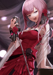 Rule 34 | 1girl, arimoto wataru, detached collar, dress, flower, flower on head, from below, half-closed eyes, hololive, hololive english, microphone, microphone stand, mori calliope, mori calliope (party dress), pink eyes, pink hair, red dress, rose, solo, virtual youtuber