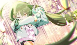 Rule 34 | 1girl, absurdres, belt, blurry, blurry foreground, commentary request, cutting hair, dutch angle, film grain, glint, green hair, highres, holding, holding own hair, idolmaster, idolmaster shiny colors, long sleeves, looking at viewer, nanakusa nichika, one eye closed, sanami (sanami t 38), short hair, solo, yellow eyes
