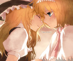 Rule 34 | 2girls, alice margatroid, bad id, bad pixiv id, birthday, blonde hair, blue eyes, blush, braid, capelet, couple, english text, closed eyes, face, face-to-face, female focus, forehead-to-forehead, hairband, hat, heads together, irua, kirisame marisa, long hair, multiple girls, short hair, smile, touhou, witch, witch hat, yuri