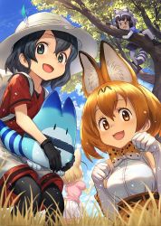 Rule 34 | :3, :d, animal ears, backpack, bag, bare shoulders, black gloves, black legwear, blue sky, blurry, blurry foreground, blush, bow, bowtie, brown eyes, climbing tree, cloud, common raccoon (kemono friends), day, elbow gloves, fennec (kemono friends), fox ears, fox tail, gloves, grass, grey shorts, guchico, hat, hat feather, kaban (kemono friends), kemono friends, looking at viewer, lucky beast (kemono friends), open mouth, orange eyes, orange hair, outdoors, pantyhose, paw pose, pink skirt, raccoon ears, raccoon tail, red shirt, savannah, serval (kemono friends), serval print, shirt, short sleeves, shorts, skirt, sky, smile, tail, traditional bowtie, tree, white gloves