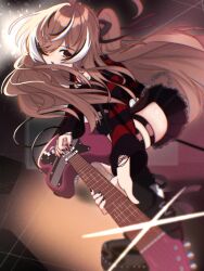 Rule 34 | 1girl, ahoge, belt chain, black choker, black leg warmers, black nails, black sweater, blurry, brown eyes, brown hair, choker, chromatic aberration, depth of field, electric guitar, emo fashion, foreshortening, guitar, hair over one eye, heart, heart choker, highres, holding, holding guitar, holding instrument, holding plectrum, hololive, hololive english, huge ahoge, instrument, long hair, multicolored hair, music, nanashi mumei, nanashi mumei (emo), official alternate costume, one side up, platform footwear, playing instrument, plectrum, red sweater, shishi cc, stage, stage lights, streaked hair, striped clothes, striped sweater, sweater, thigh strap, torn clothes, torn sweater, two-tone sweater, very long hair, virtual youtuber, wire