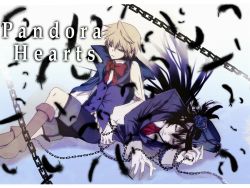 Rule 34 | 00s, 2boys, bad id, bad pixiv id, black hair, blonde hair, boots, cape, chain, coat, feathers, formal, gilbert nightray, green eyes, hat, highres, lying, male focus, multiple boys, official art, on side, oz vessalius, pandora hearts, sayo (mutuha), short hair, sitting, trench coat, yellow eyes