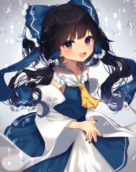 Rule 34 | 1girl, :d, alternate color, ascot, bare shoulders, black eyes, black hair, blue bow, blue nails, blue shirt, blue skirt, blurry, blush, bow, cowboy shot, detached sleeves, frilled shirt collar, frills, hair bow, hair tubes, hakurei reimu, highres, long hair, long sleeves, looking at viewer, nail polish, open mouth, own hands together, shirt, skirt, skirt set, smile, solo, standing, steepled fingers, touhou, water drop, wide sleeves, yellow ascot, youtan