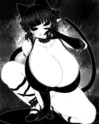 Rule 34 | 1girl, :q, animal ears, arm support, blunt bangs, bottomless, bow, bra, braid, breasts, cat ears, cat girl, cat tail, cleavage, closed mouth, collarbone, commentary request, curvy, detached collar, extra ears, full body, gloves, greyscale, groin, hair bow, haseru (ginku mh), high heels, huge breasts, kaenbyou rin, leg ribbon, looking at viewer, medium hair, monochrome, multiple tails, nekomata, pointy ears, ribbon, side braids, smile, solo, tail, tongue, tongue out, touhou, twin braids, two tails, underwear