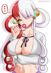 Rule 34 | ..., 1girl, arm under breasts, behind-the-head headphones, breasts, candy, collarbone, elpipe 3000, eyes visible through hair, food, hair over one eye, hair rings, hand up, headphones, highres, holding, holding candy, holding food, holding lollipop, large breasts, lollipop, long hair, looking at viewer, midriff, multicolored hair, navel, one piece, one piece film: red, purple eyes, red hair, solo, split-color hair, spoken ellipsis, stomach, two-tone hair, upper body, uta (one piece), very long hair, white hair