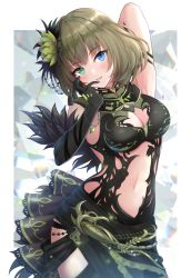 Rule 34 | 1girl, arm up, black dress, black gloves, blue eyes, blush, bracelet, breasts, cleavage, cleavage cutout, clothing cutout, dress, elbow gloves, flower, gloves, green eyes, green hair, hair flower, hair ornament, heterochromia, highres, idolmaster, idolmaster cinderella girls, idolmaster cinderella girls starlight stage, jewelry, kirifrog, looking at viewer, medium breasts, mole, mole under eye, navel, open mouth, short hair, smile, solo, takagaki kaede