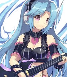 Rule 34 | 10s, 1girl, 5pb (neptunia), absurdres, bare shoulders, blue hair, blush, breasts, choujigen game neptune, collar, guitar, hair ornament, headphones, highres, instrument, long hair, looking at viewer, mole, mole under eye, neptune (series), normaland, purple eyes, smile, solo, tattoo