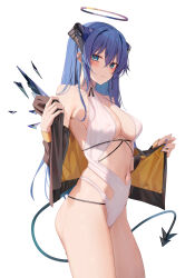 Rule 34 | 1girl, alternate costume, arknights, bare shoulders, blue eyes, blue hair, blue nails, blush, breasts, cleavage, halo, highres, horns, large breasts, long sleeves, looking at viewer, mostima (arknights), nail polish, navel, off shoulder, one-piece swimsuit, ru zhai, simple background, smile, solo, swimsuit, tail, thighs, white background, white one-piece swimsuit