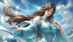 Rule 34 | 1girl, absurdres, blue dress, blue eyes, blue sky, breasts, brown hair, circlet, cloud, douluo dalu, dress, hair ornament, highres, long hair, long sleeves, medium breasts, ning rongrong (douluo dalu), parted lips, second-party source, sky, solo, upper body, yi dakou yangmao