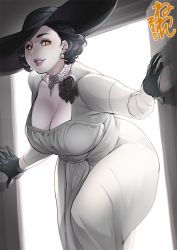 Rule 34 | 1girl, alcina dimitrescu, artist name, bent over, black gloves, black hair, breasts, capcom, cleavage, commentary request, curvy, dress, gloves, grin, hat, jewelry, large breasts, lipstick, looking at viewer, makeup, necklace, neone, pale skin, resident evil, resident evil village, short hair, signature, smile, solo, tall female, white dress, wide hips