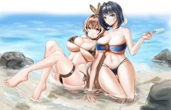 Rule 34 | 2girls, absurdres, alternate breast size, beach, bikini, black bikini, black hair, blue bikini, blue eyes, blush, breasts, brown eyes, brown hair, cleavage, feather hair ornament, feathers, food, hair intakes, hair ornament, head chain, highres, holding, holding food, hololive, hololive english, ice cream, jewelry, kneeling, large breasts, long hair, looking at viewer, micro bikini, multiple girls, nanashi mumei, navel, o-ring, o-ring bikini, ouro kronii, short hair, side-tie bikini bottom, sitting, smile, swimsuit, underboob, virtual youtuber