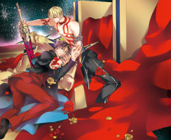 Rule 34 | 2boys, bad id, bad pixiv id, blonde hair, blue eyes, brown hair, command spell, ea (fate/stay night), facial hair, fate/hollow ataraxia, fate/zero, fate (series), flower, formal, goatee, ichitaka, jewelry, multiple boys, necklace, petals, red flower, red rose, rose, topless male, suit, tattoo, tohsaka tokiomi, weapon, yellow flower, yellow rose