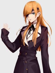 Rule 34 | 1girl, absurdres, blue eyes, coat, collared shirt, eyepatch, fate/grand order, fate (series), grey background, highres, long hair, looking at viewer, ophelia phamrsolone, orange hair, parted bangs, shirt, sleeves past wrists, solo, zhongnan