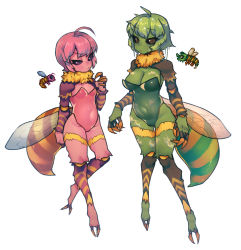 Rule 34 | 2girls, :/, ahoge, arthropod girl, bee girl, black sclera, blue wings, breasts, brown eyes, claws, cleavage, closed mouth, colored sclera, colored skin, covered navel, full body, fur collar, green hair, green leotard, green skin, hand up, highres, hornet (terraria), insect girl, insect wings, leotard, low wings, medium breasts, moss hornet (terraria), multiple girls, nyong nyong, open mouth, orange wings, personification, pink hair, pink leotard, pink skin, purple eyes, raised eyebrow, reference inset, short hair, simple background, small breasts, stinger, strapless, strapless leotard, terraria, uneven eyes, white background, wings