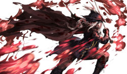 Rule 34 | 1girl, blood, blood splatter, bloodborne, boots, cape, collar, gloves, hat, holding, lady maria of the astral clocktower, long hair, ponytail, ruukii drift, solo, sword, the old hunters, tricorne, weapon, white background