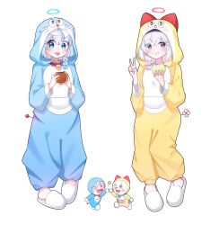 Rule 34 | 2girls, absurdres, arona (blue archive), blue archive, blue eyes, blue hair, blue halo, blush, braid, bread, character costume, character hood, chokkon, collar, commentary, doraemon, doraemon (character), dorami, food, food on face, full body, grey eyes, hair over shoulder, halo, hands up, highres, holding, holding food, hood, hood up, long sleeves, looking at viewer, medium hair, melon bread, multiple girls, pink halo, plana (blue archive), simple background, single braid, slippers, standing, teeth, upper teeth only, v, white background, white footwear, white hair