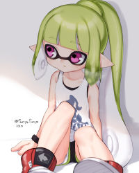 Rule 34 | 1girl, bad id, bad pixiv id, basketball jersey, black shorts, blunt bangs, blurry, blurry foreground, bracelet, busujima funya, commentary, depth of field, dolphin shorts, green hair, gym shorts, high tops, highres, inkling, inkling girl, inkling player character, jewelry, lace, lace-trimmed panties, lace trim, logo, long hair, looking to the side, nintendo, panties, panty peek, parted lips, pointy ears, ponytail, print shirt, purple eyes, red footwear, shadow, shirt, shoes, short shorts, shorts, sneakers, solo, splatoon (series), splatoon 2, sweatdrop, tank top, tentacle hair, twitter username, underwear, upshorts, white panties, white shirt