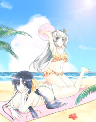 Rule 34 | 2girls, alternate costume, arms up, ass, back, ball, barefoot, beach, beachball, bikini, black eyes, black hair, black hairband, blanket, blue eyes, blue sky, blunt ends, breasts, clannad, cleavage, closed mouth, commentary, company connection, crossover, curvy, day, eyes visible through hair, floral print, foot up, front-tie bikini top, front-tie top, full body, grey hair, hair ribbon, hair spread out, hairband, halterneck, hand up, head rest, highres, holding, holding ball, holding beachball, key (company), kneeling, kurugaya yuiko, large breasts, light blush, little busters!, long hair, looking at viewer, lying, multiple girls, natsuoto rito, navel, ocean, on stomach, open mouth, outdoors, palm leaf, parted bangs, ribbon, sakagami tomoyo, side-tie bikini bottom, sidelocks, sky, smile, straight hair, swimsuit, the pose, very long hair, white bikini, yellow bikini, yellow ribbon