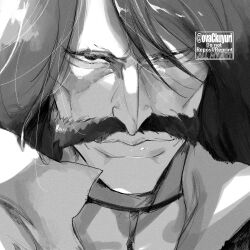 Rule 34 | 1boy, black hair, bleach, bleach: sennen kessen-hen, close-up, closed mouth, commentary request, eyelashes, facial hair, hair between eyes, highres, lips, looking at viewer, male focus, monochrome, mustache, no eyebrows, nose, old, old man, ovasayuri, solo, straight-on, sunken cheeks, twitter username, yhwach