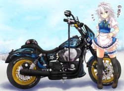 Rule 34 | 1girl, acdc, apron, black thighhighs, blue eyes, boots, braid, bridal garter, commentary, hand on own hip, highres, izayoi sakuya, key, logo, looking at viewer, maid, maid apron, maid headdress, mickey dunn, miniskirt, mirror, motor vehicle, motorcycle, pentagram, puffy short sleeves, puffy sleeves, short sleeves, silver hair, skindentation, skirt, solo, standing, thighhighs, touhou, translated, twin braids, vehicle, wrist cuffs