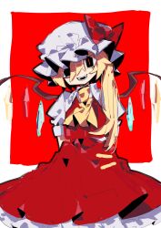 Rule 34 | 1girl, absurdres, arms behind back, ascot, black eyes, blonde hair, border, bow, collared shirt, cowboy shot, flandre scarlet, frilled skirt, frills, hair between eyes, hat, hat bow, head tilt, highres, long hair, looking at viewer, mob cap, multicolored wings, one side up, open mouth, puffy short sleeves, puffy sleeves, red background, red bow, red skirt, red vest, shirt, short sleeves, skirt, so happy 64, solo, teeth, touhou, vest, white border, white hat, white shirt, wings, yellow ascot