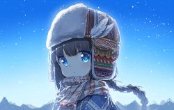Rule 34 | 1girl, :o, black hair, blue capelet, blue eyes, blue sky, braid, capelet, darnell, day, fur hat, hair between eyes, hat, head tilt, highres, long hair, looking at viewer, mountain, original, outdoors, parted lips, portrait, print capelet, print headwear, print scarf, scarf, single braid, sky, solo, white scarf