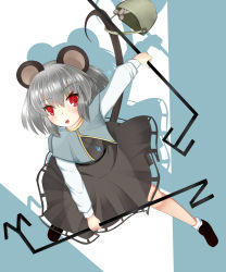 Rule 34 | 1girl, animal ears, capelet, dowsing rod, dress, grey hair, highres, jewelry, jinggu shirokawa, long sleeves, mouse (animal), mouse ears, mouse tail, nazrin, pendant, red eyes, short hair, simple background, solo, tail, touhou