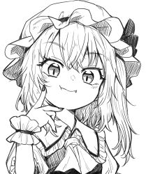 Rule 34 | 1girl, :t, ascot, blush, fang, fang out, flandre scarlet, greyscale, hair between eyes, hat, highres, looking at viewer, mob cap, monochrome, nail polish, oninamako, short sleeves, solo, touhou, upper body, wings, wrist cuffs
