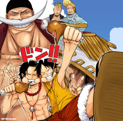 Rule 34 | 5boys, bandana, beard, black hair, blonde hair, boned meat, brothers, cheek bulge, copyright name, eating, edward newgate, facial hair, food, freckles, grin, hat, jewelry, male focus, marco (one piece), marineford, meat, monkey d. luffy, multiple boys, muscular, mustache, necklace, one eye closed, one piece, portgas d. ace, puffy cheeks, red shorts, scar, short hair, shorts, siblings, smile, straw hat, teeth, thatch, theplough03, topless male, v, wink