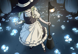 Rule 34 | 1girl, :o, apron, black dress, blonde hair, bobby socks, bow, braid, broom, dress, frilled dress, frills, glowing, hair bow, hat, hat bow, highres, kirisame marisa, lantern, long hair, mary janes, mushroom, open mouth, shoes, short sleeves, single braid, socks, solo, touhou, touhou lost branch of legend, tuck (tuck23978434), witch hat, yellow eyes